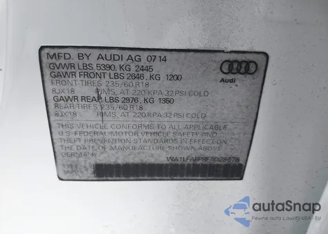 2015 Audi Q5 3.0T Premium Plus z USA, uszkodzony, nr VIN WA1WGAFP3FA077121